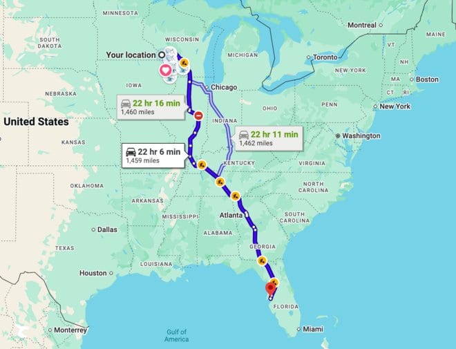 Driving route map from La Crosse, Wisconsin to Tampa, Florida
